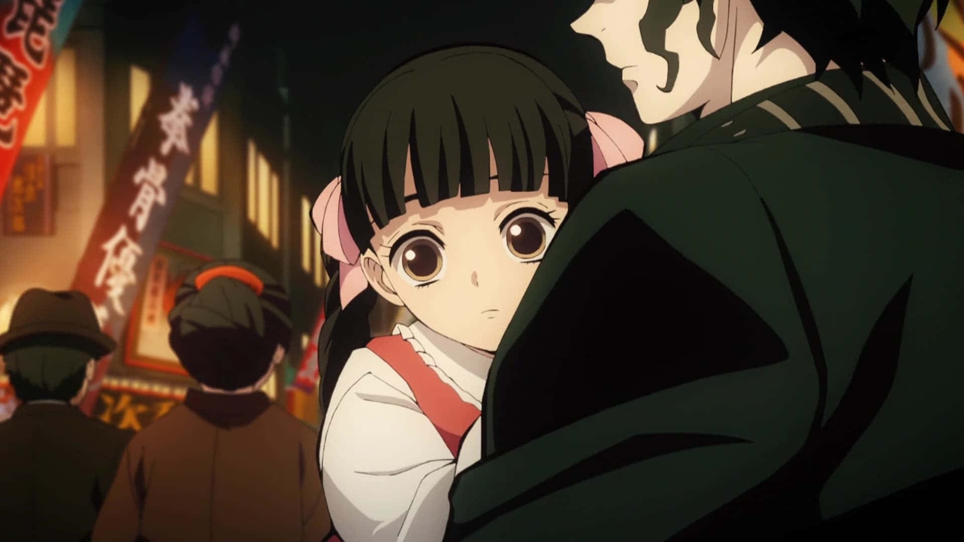 Kibutsuji Muzan, dark coat, warmly lit Japanese street, Full HD Desktop Wallpaper