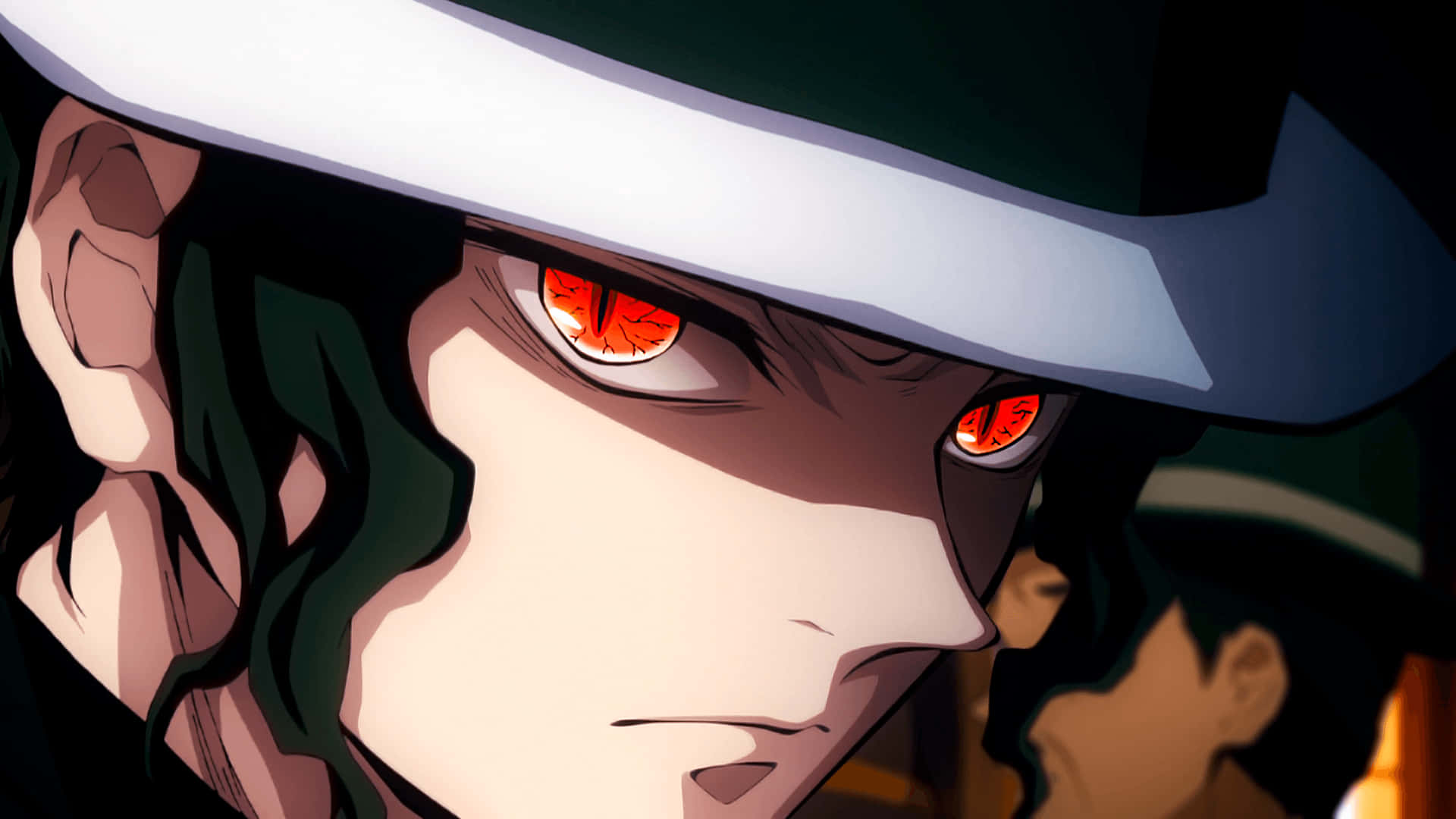Kibutsuji Muzan, glowing red eyes, dark green hair, Full HD Desktop Wallpaper
