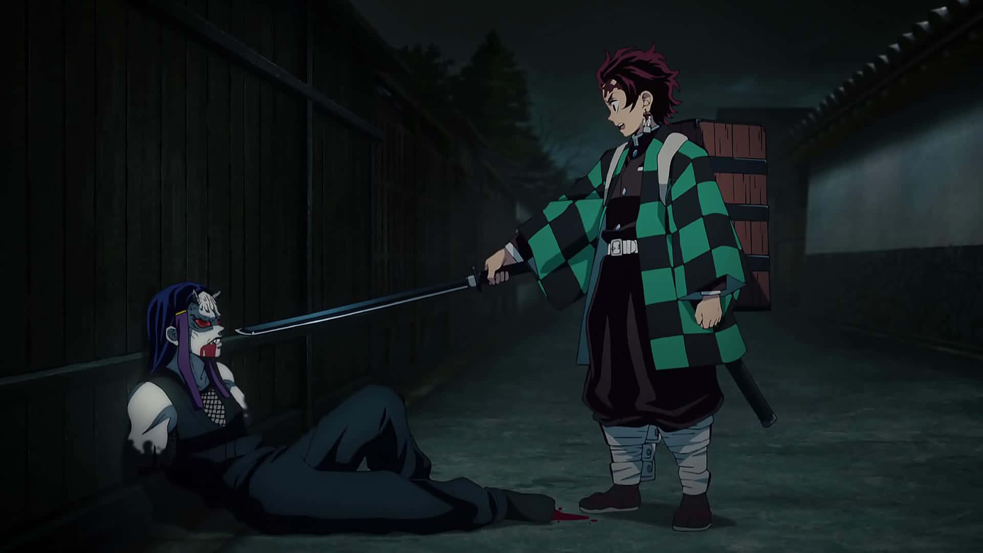 Kibutsuji Muzan, green checkered kimono, dim alley at night, Full HD Desktop Wallpaper