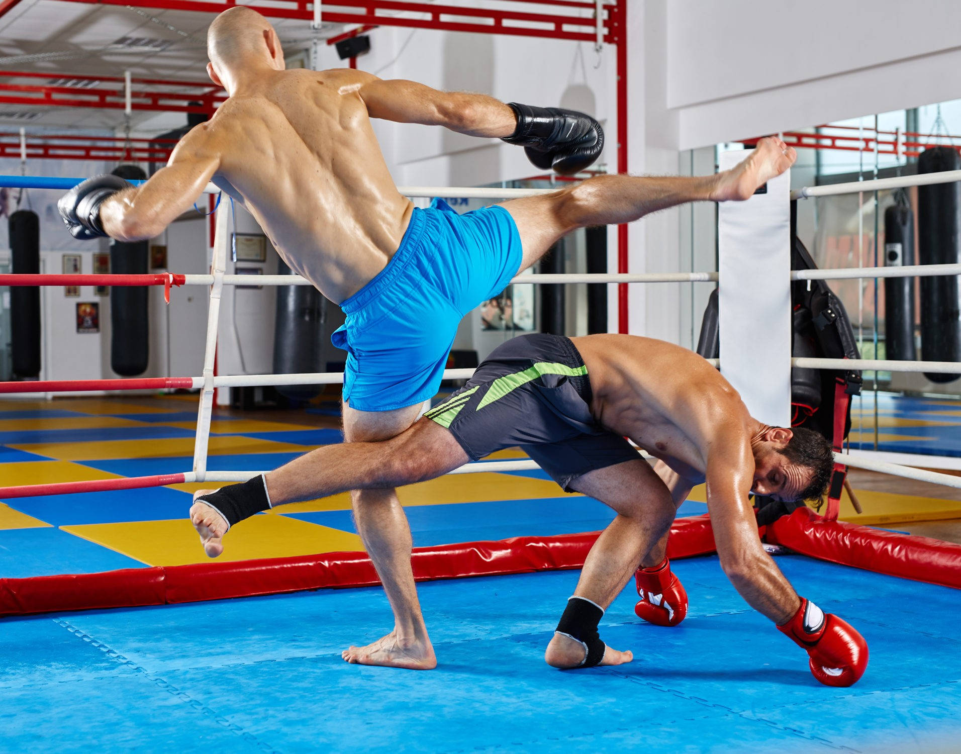 kickboxing sparring match, gym, blue shorts, HD Desktop Wallpaper