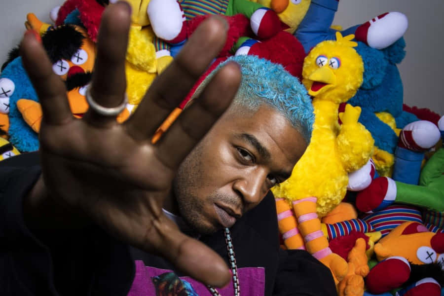 Kid Cudi, blue hair, colorful plush toys, SD Desktop Wallpaper