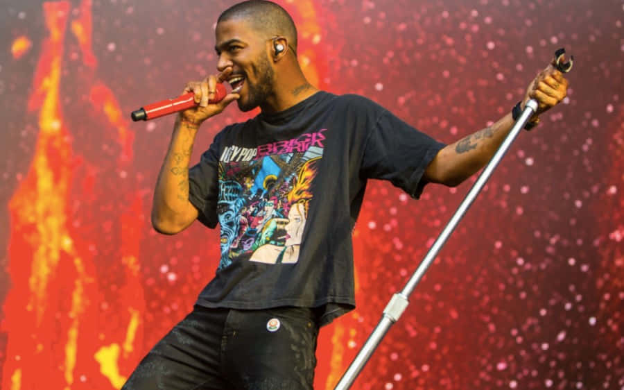 Kid Cudi, red microphone, fiery red and orange backdrop, SD Desktop Wallpaper
