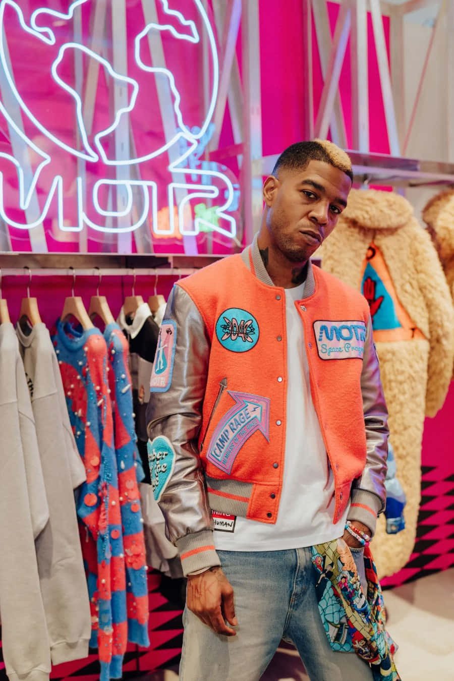 Kid Cudi, varsity jacket, neon-lit fashion store, HD Phone Wallpaper
