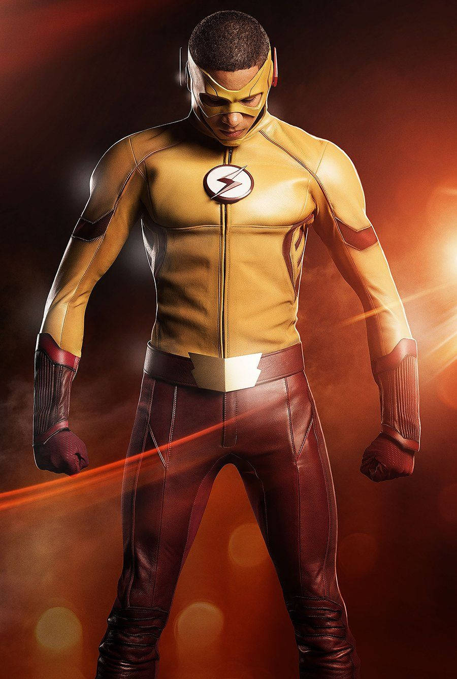 Kid Flash, yellow and red suit, glowing orange backdrop, HD Phone Wallpaper