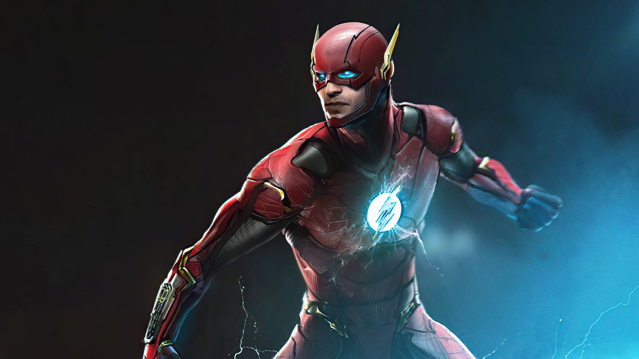 The Flash, red suit, glowing blue lightning emblem, Full HD Desktop Wallpaper