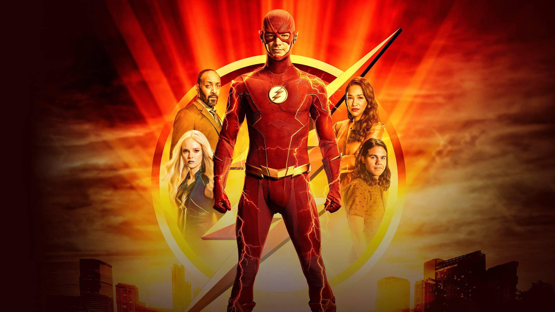 The Flash, red lightning suit, fiery orange and red sunset, Full HD Desktop Wallpaper
