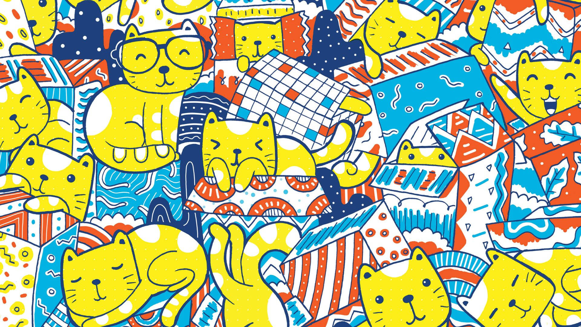 Yellow Cats In Boxes, kidcore desktop, yellow cartoon cats, Full HD Desktop Wallpaper