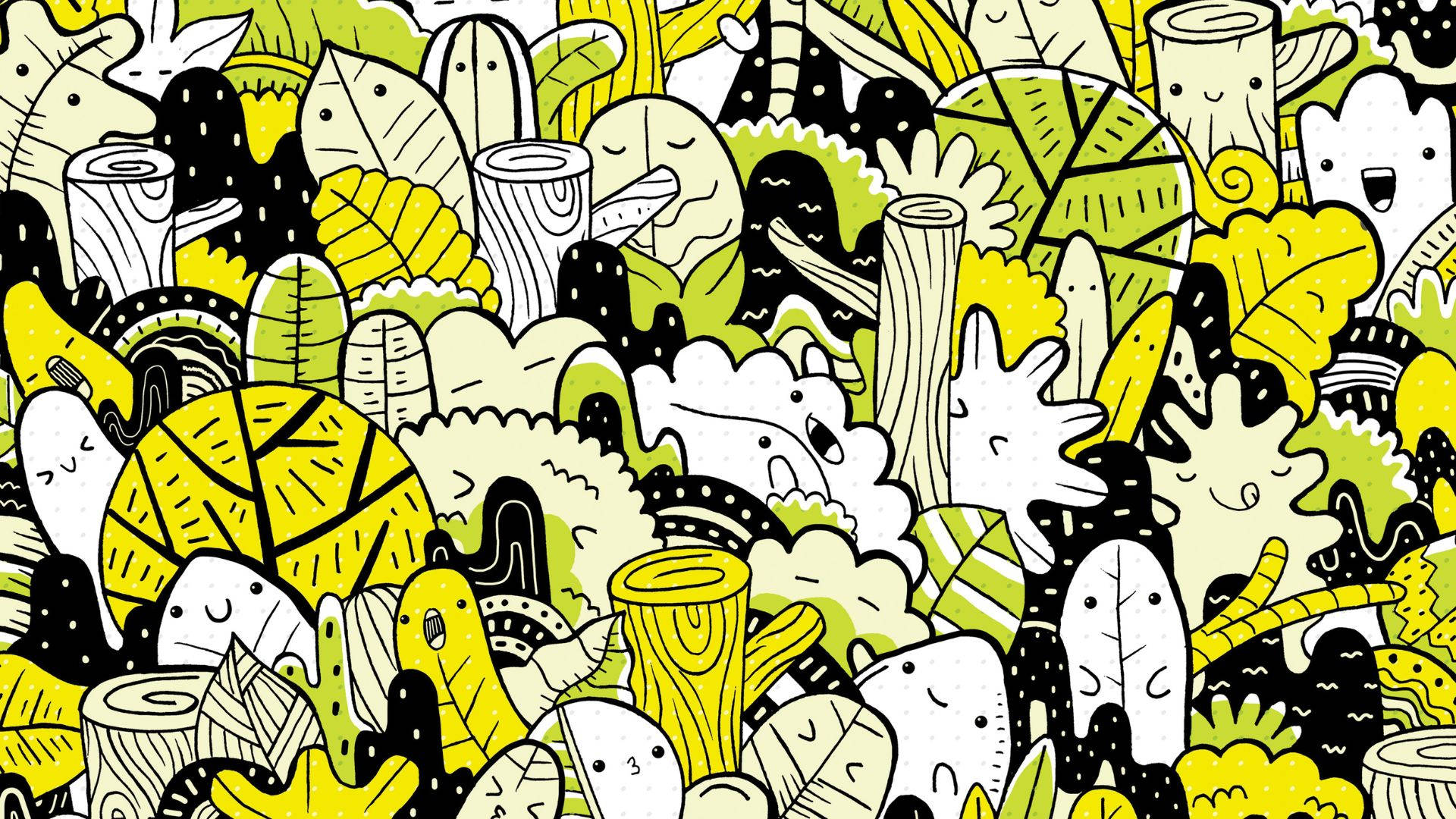 Kidcore Desktop, whimsical doodle pattern, smiling forest creatures, Full HD Desktop Wallpaper