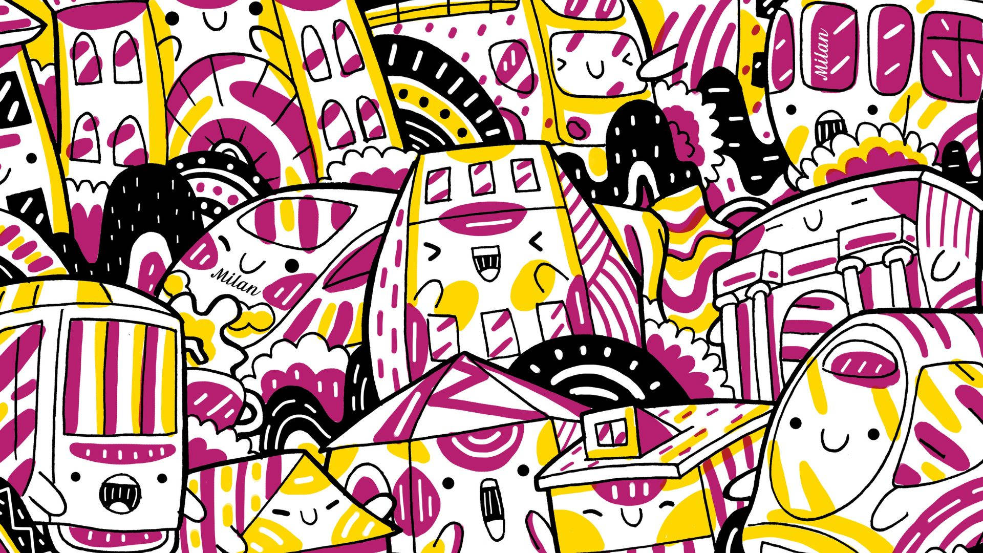 Kidcore Desktop, vibrant cartoon cityscape, smiling buildings, Full HD Desktop Wallpaper