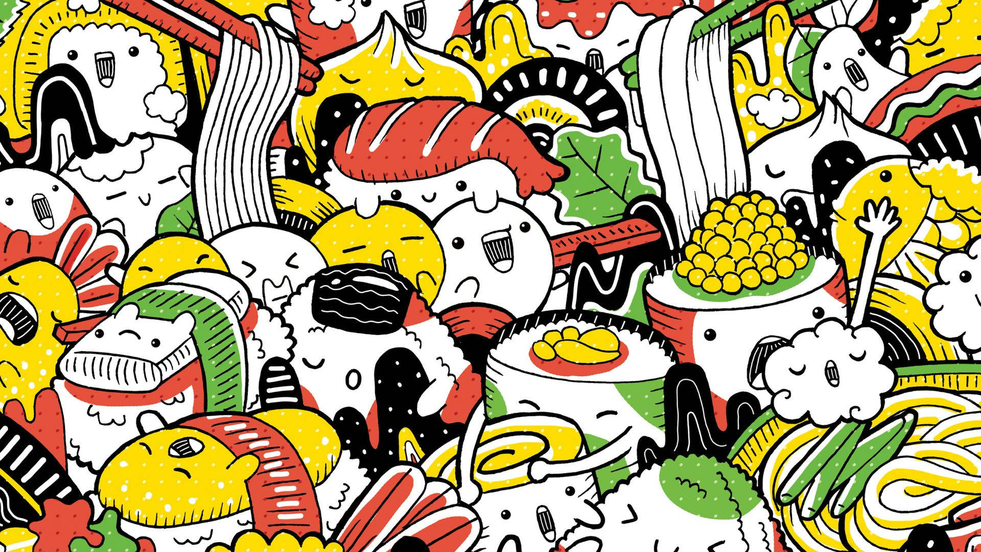 Kidcore Desktop, anthropomorphic sushi, noodles, Full HD Desktop Wallpaper
