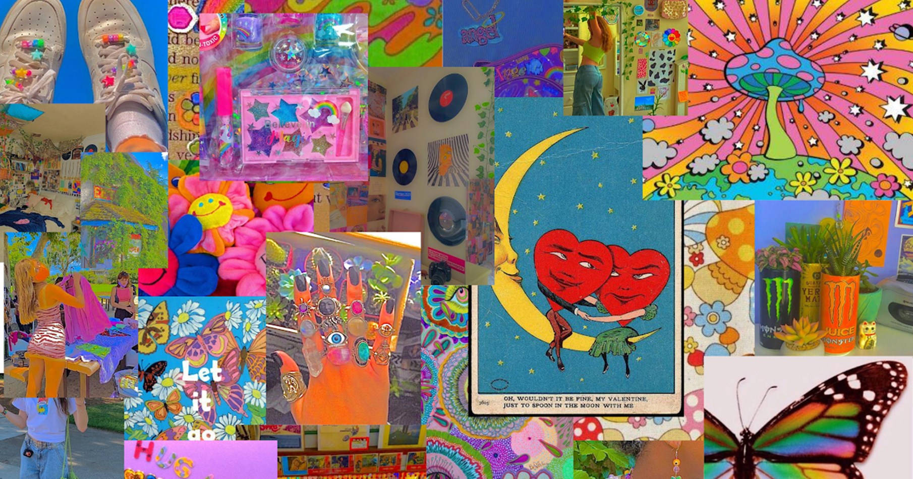 psychedelic art, hearts under a crescent moon, colorful butterflies, HD Desktop Wallpaper