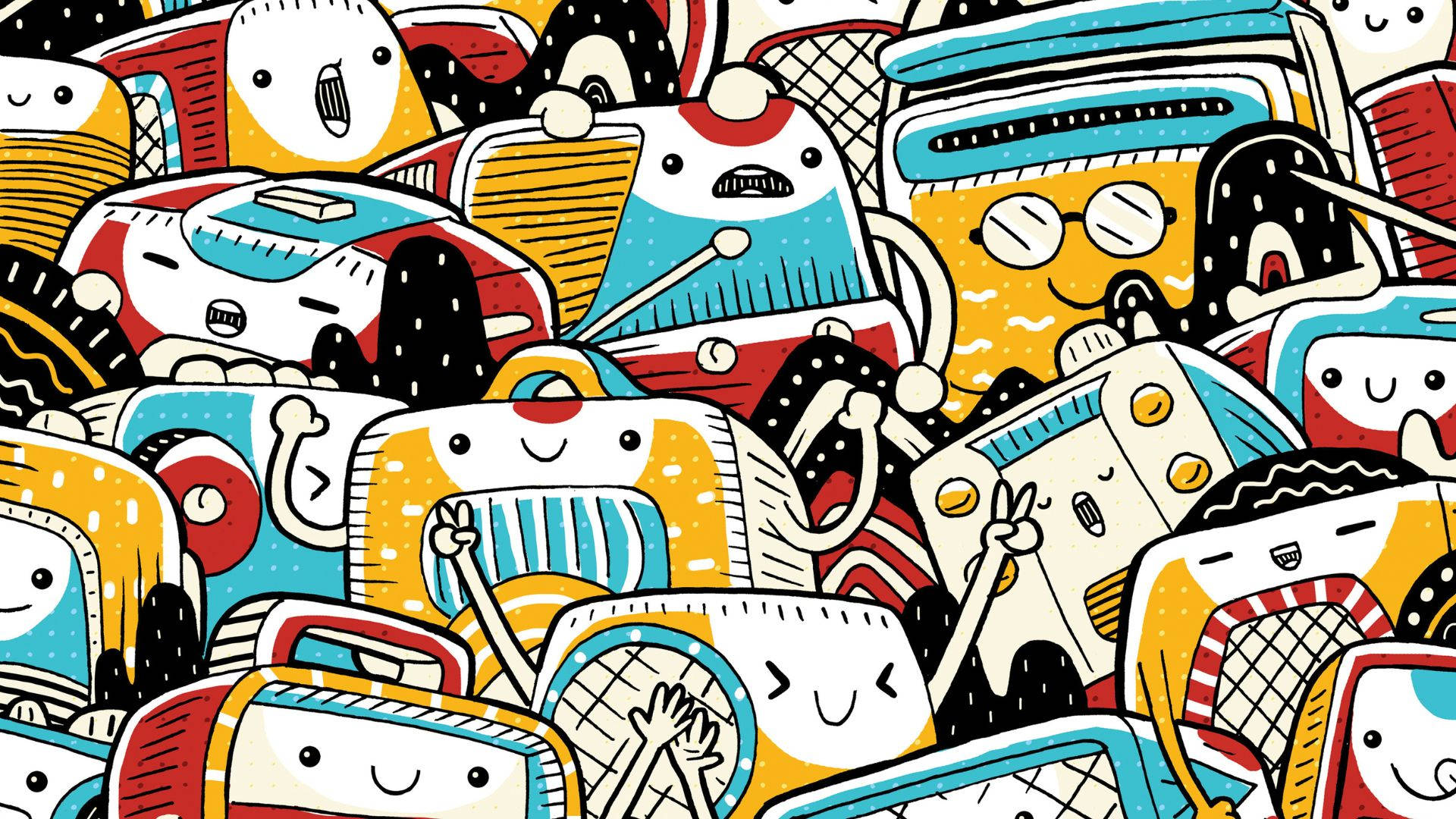Kidcore Desktop, retro robots, cartoon illustration, Full HD Desktop Wallpaper