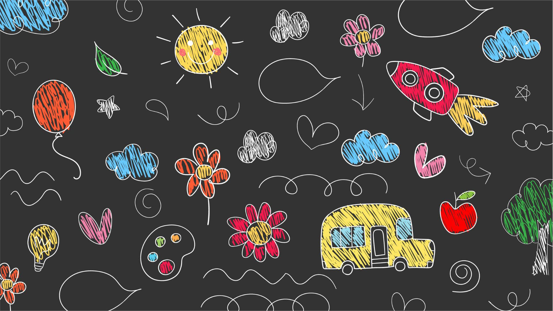 chalkboard, chalk-style doodles, flowers, Full HD Desktop Wallpaper