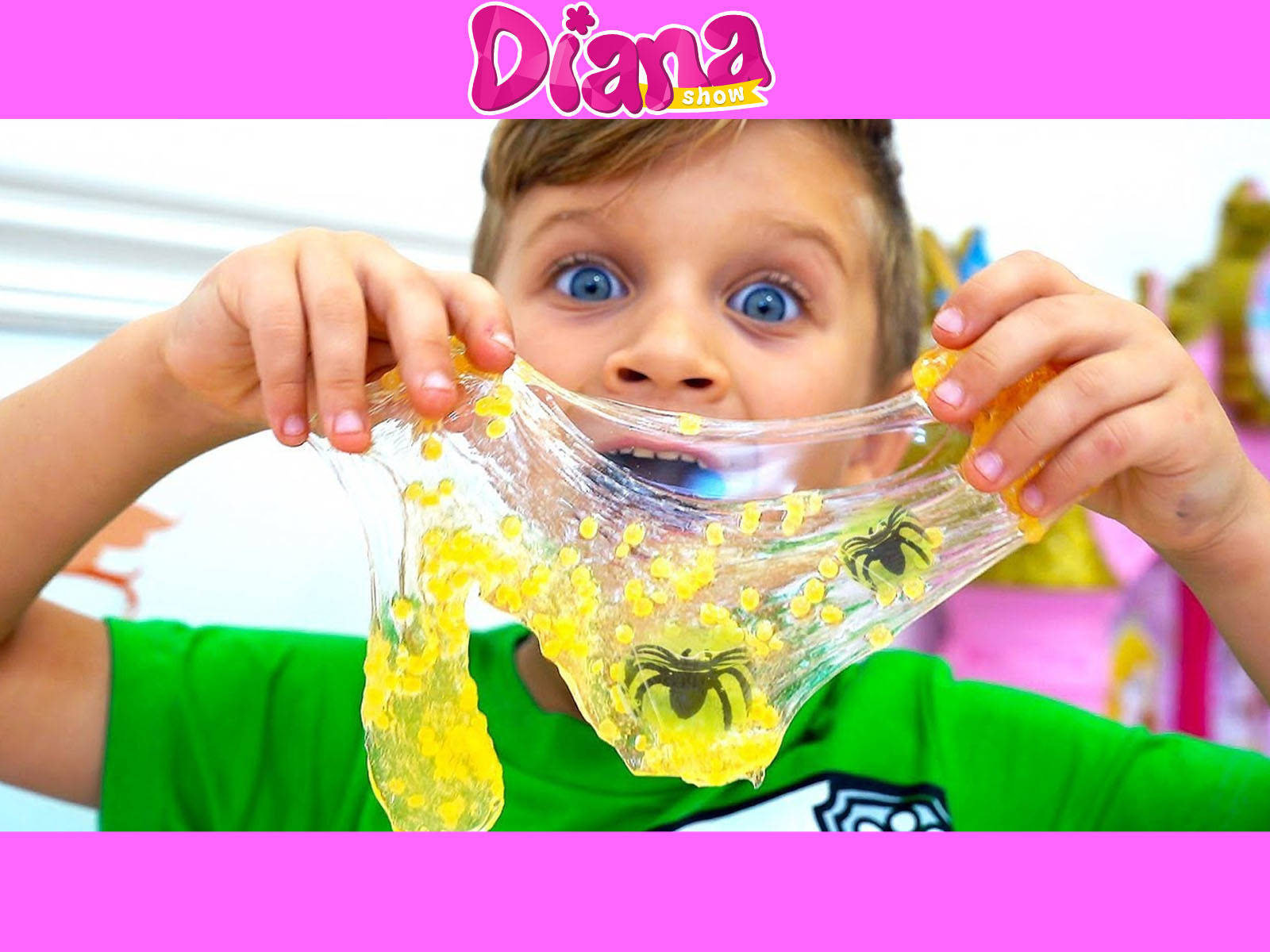 Kids Diana Show, yellow glittery slime, black spider decorations, HD Desktop Wallpaper