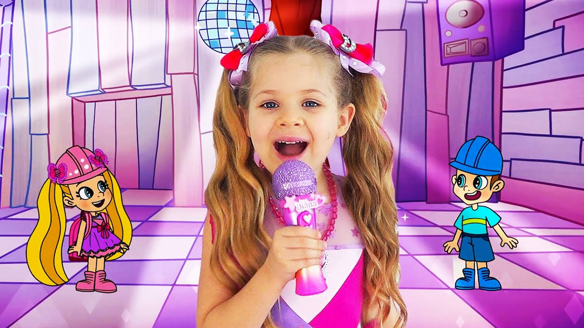 Kids Diana Show, glittering pink mic, cartoon characters, Full HD Desktop Wallpaper