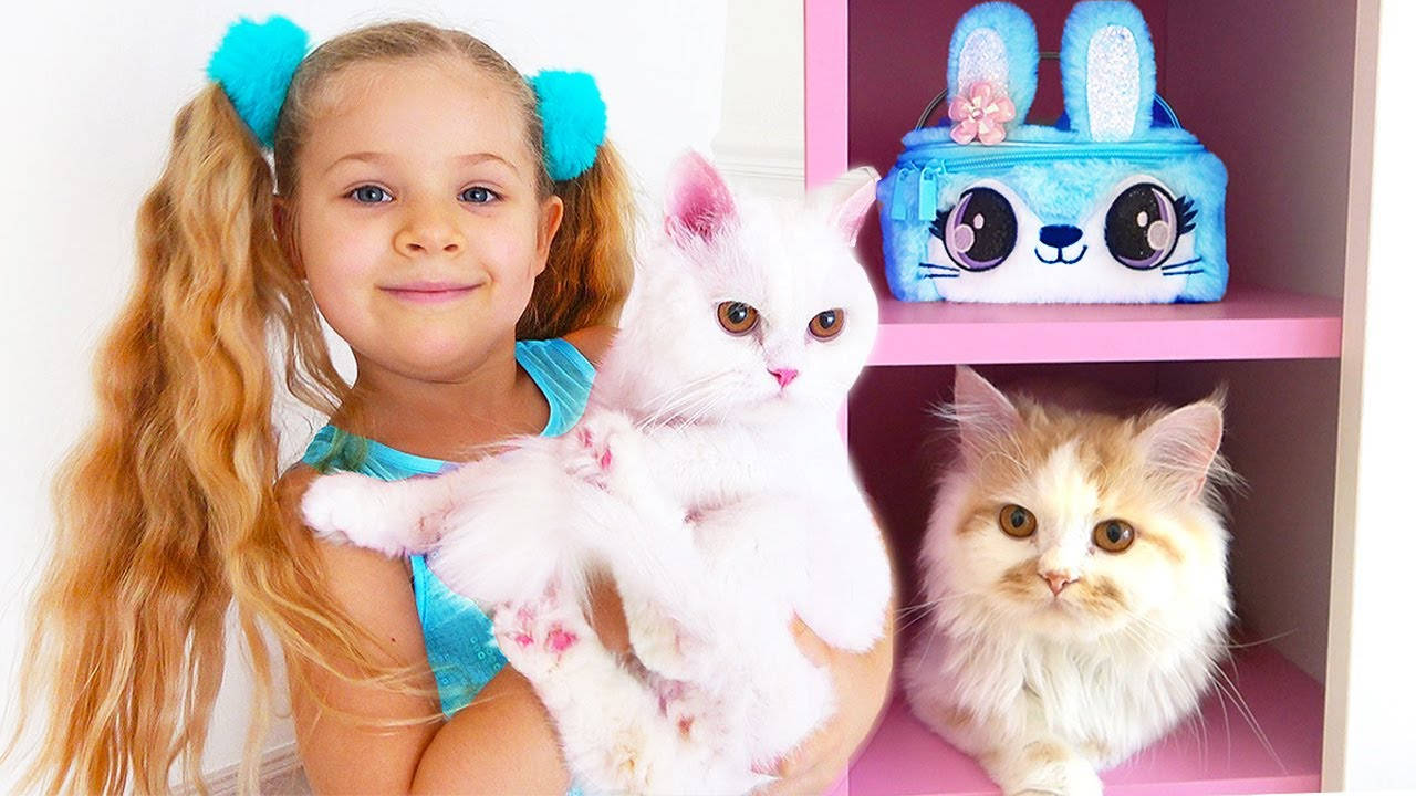 Kids Diana Show, turquoise pigtails, fluffy white cat, HD Desktop Wallpaper