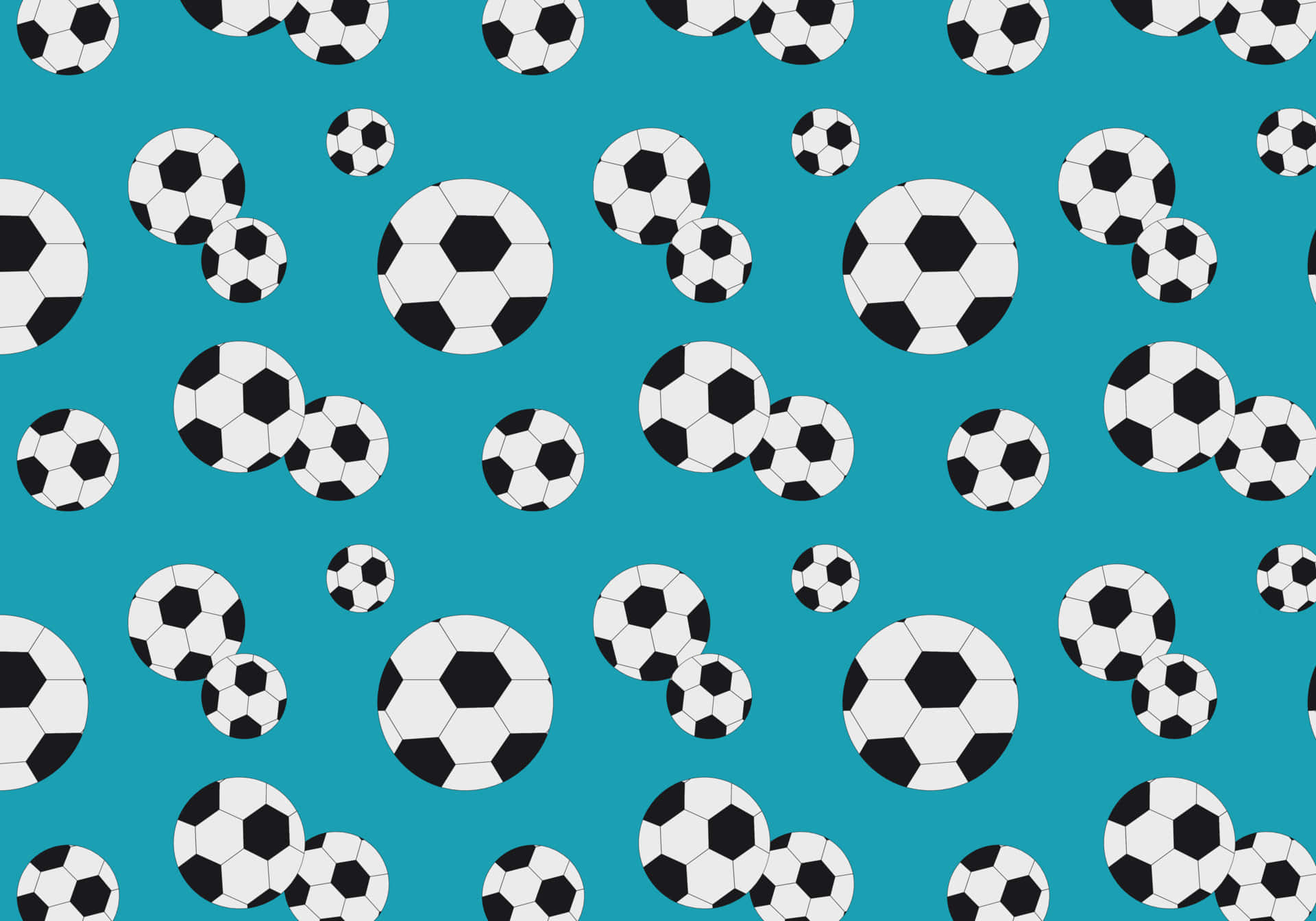 teal background, black and white soccer balls, scattered, Full HD Desktop Wallpaper