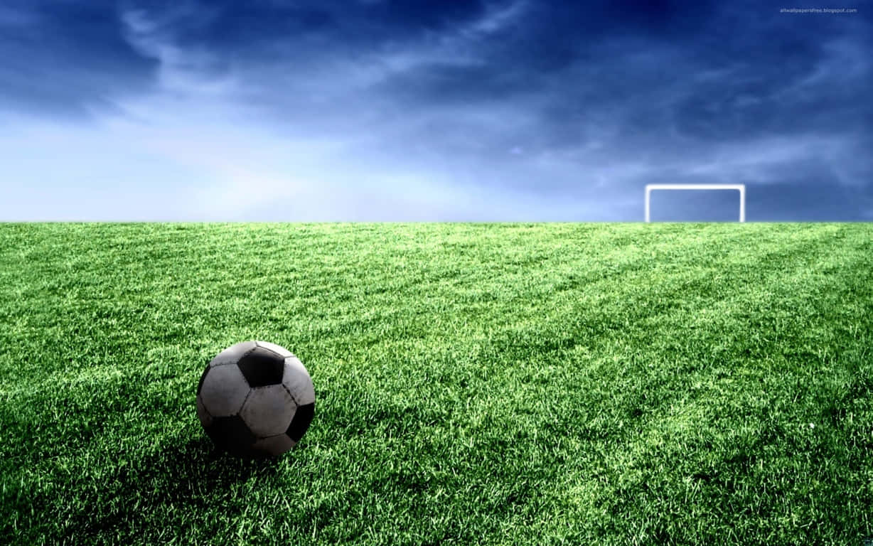 black and white soccer ball, vibrant green grass, distant white goalpost, SD Desktop Wallpaper