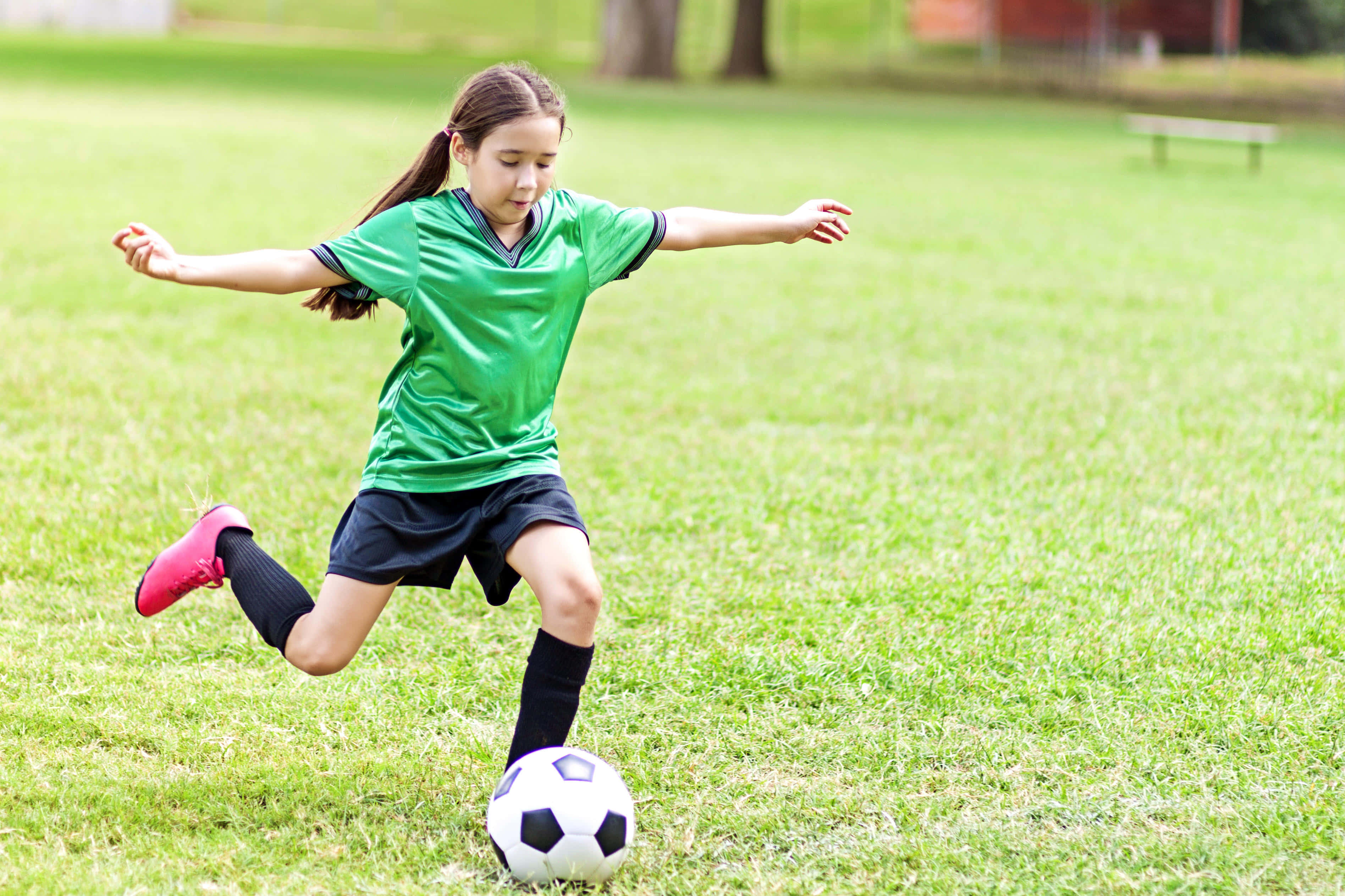 young girl, green jersey, soccer ball, 2K Desktop Wallpaper