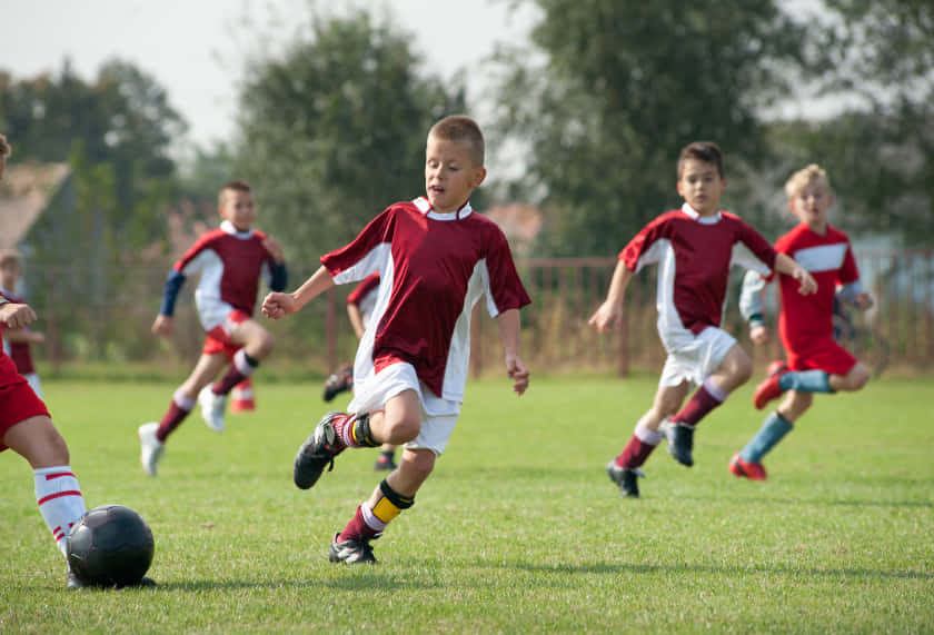 red and white uniforms, sunlit grassy field, soccer ball, SD Desktop Wallpaper