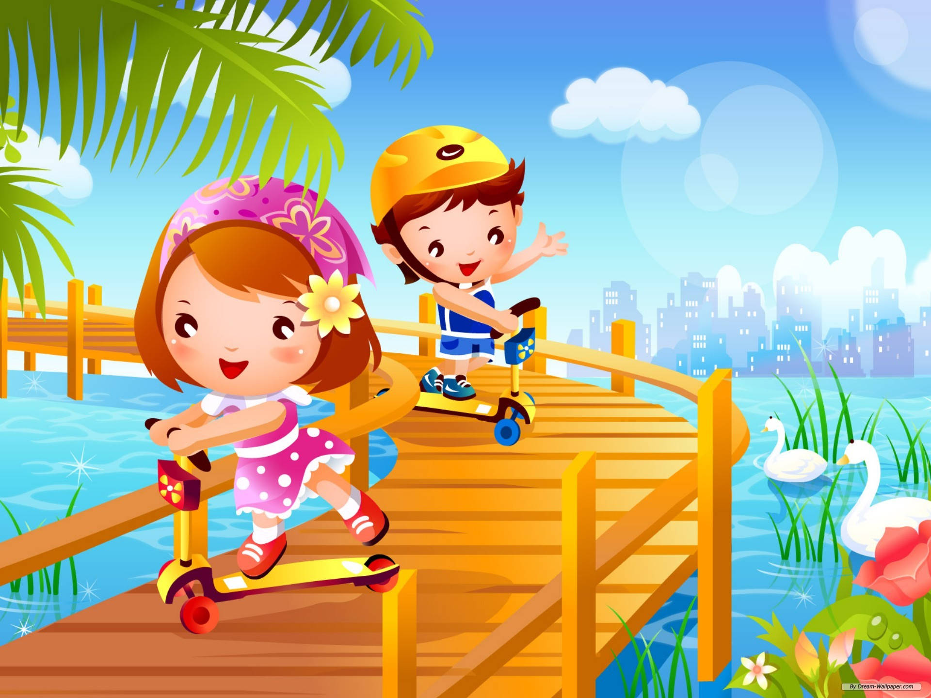 skater kids, bridge, wooden dock, Full HD Desktop Wallpaper