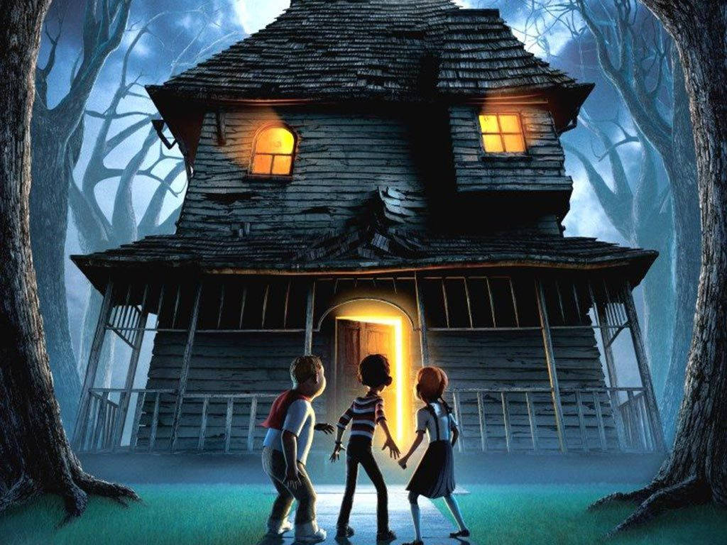 three kids, spooky haunted house, glowing windows, SD Desktop Wallpaper