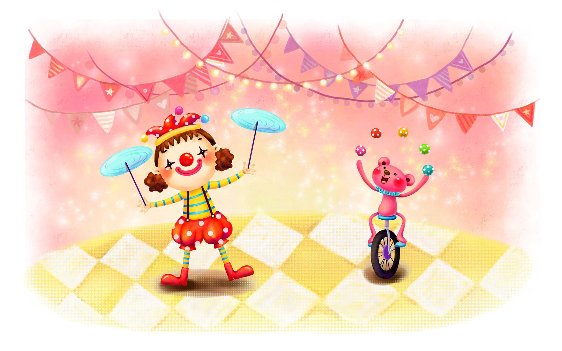 clown, pink bear, festive bunting, Full HD Desktop Wallpaper