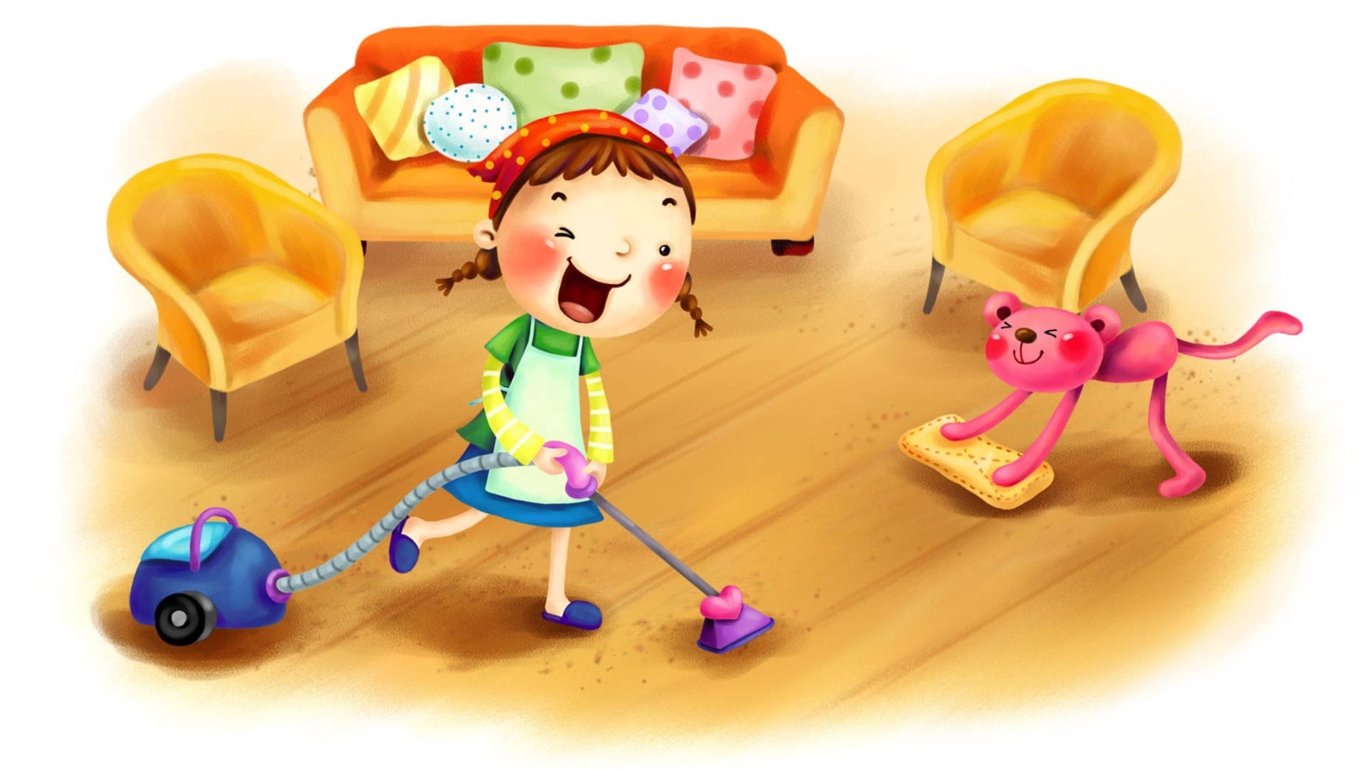 braids, pink toy cat, wooden floor, Full HD Desktop Wallpaper