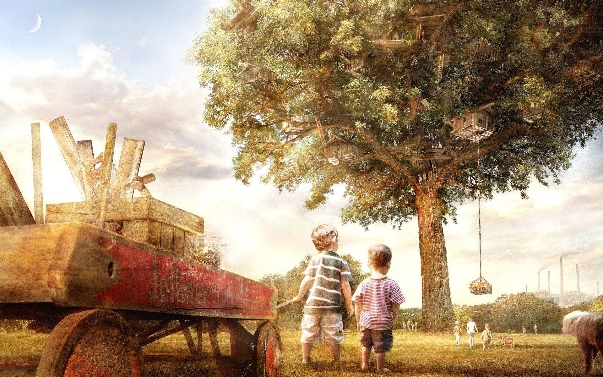 playground, giant treehouse, sprawling tree, Full HD Desktop Wallpaper