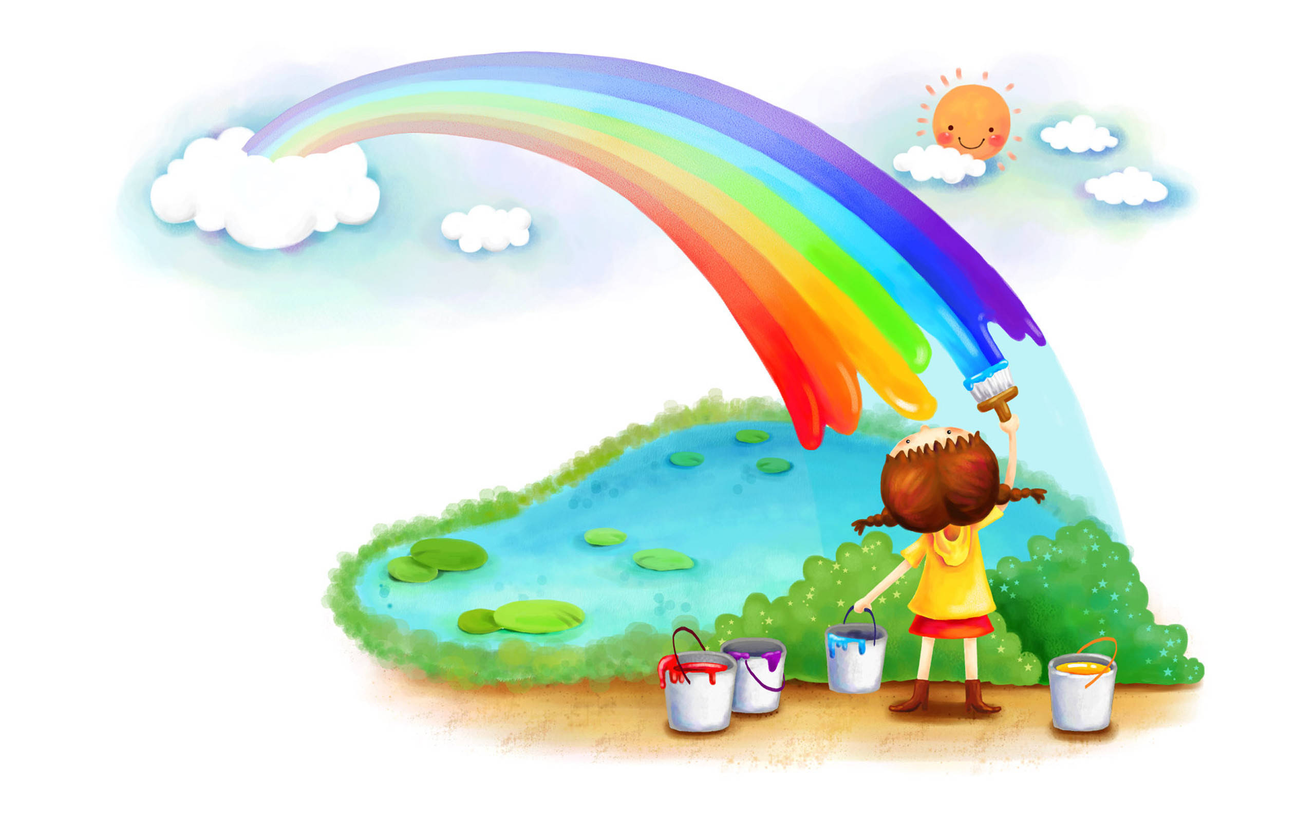 joyful child, vibrant rainbow, sunny sky, 2K Desktop Wallpaper