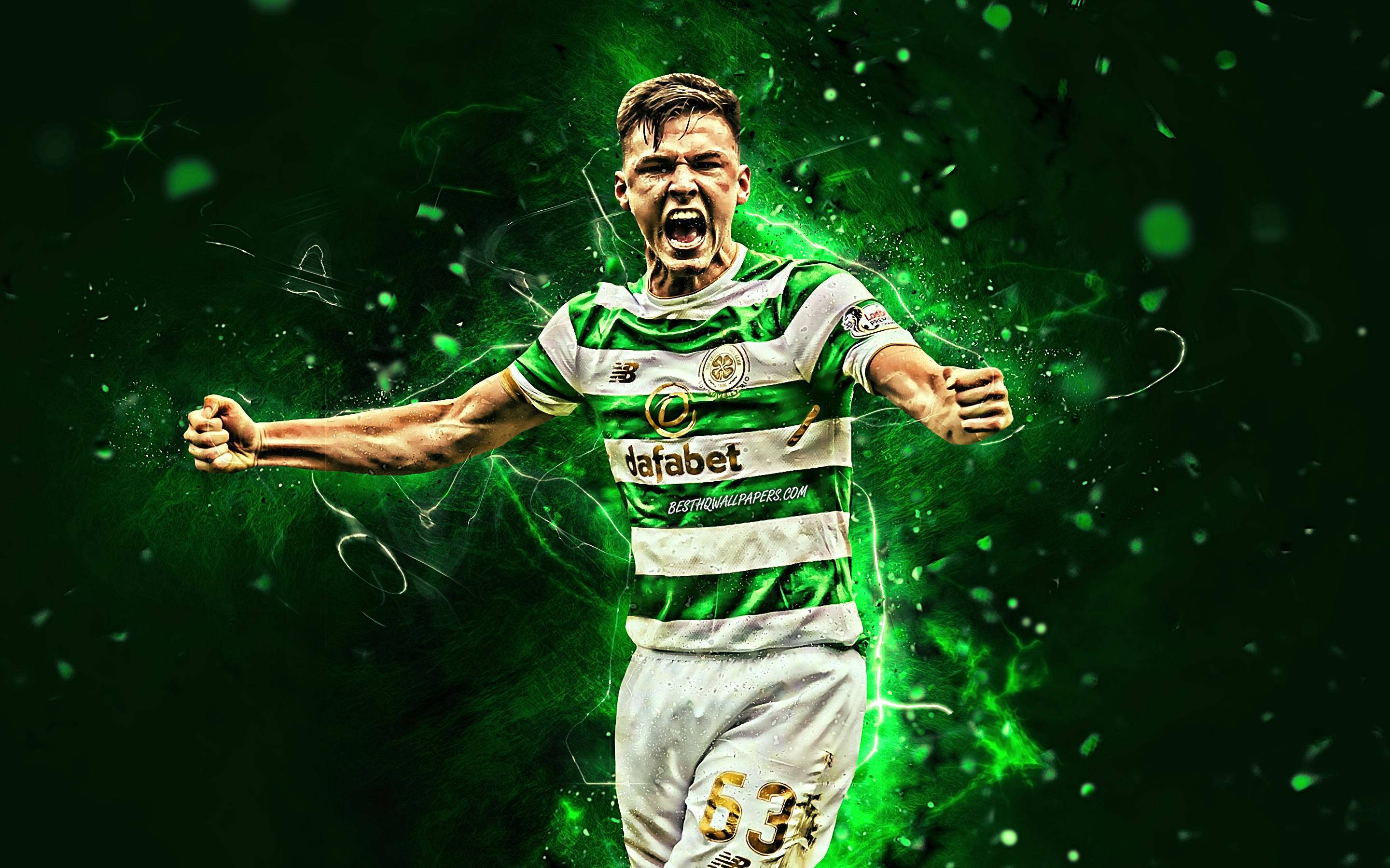Kieran Tierney, green and white jersey, green energy, 2K Desktop Wallpaper