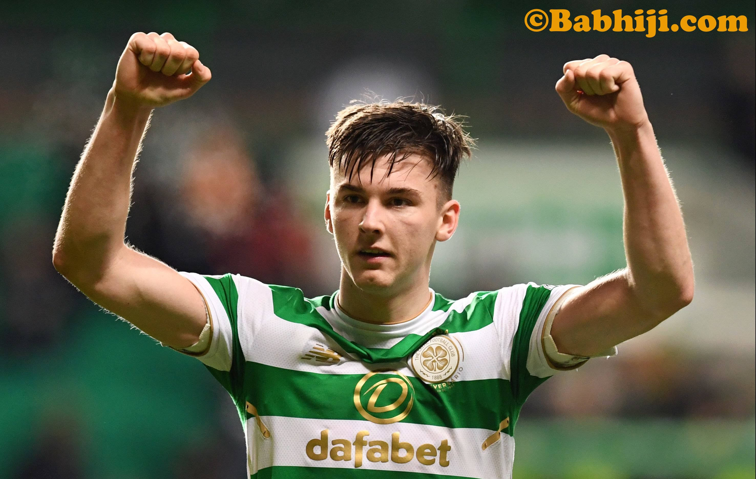 Kieran Tierney, green and white striped jersey, stadium field, 2K Desktop Wallpaper