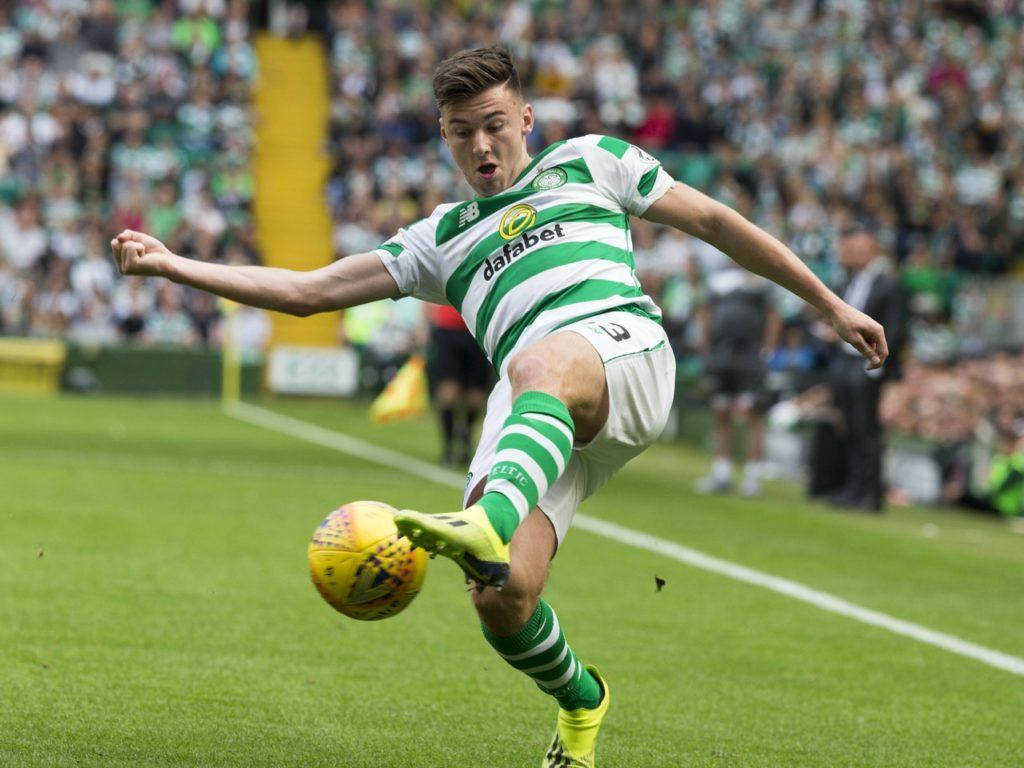 Kieran Tierney, green and white stripes, yellow ball, SD Desktop Wallpaper