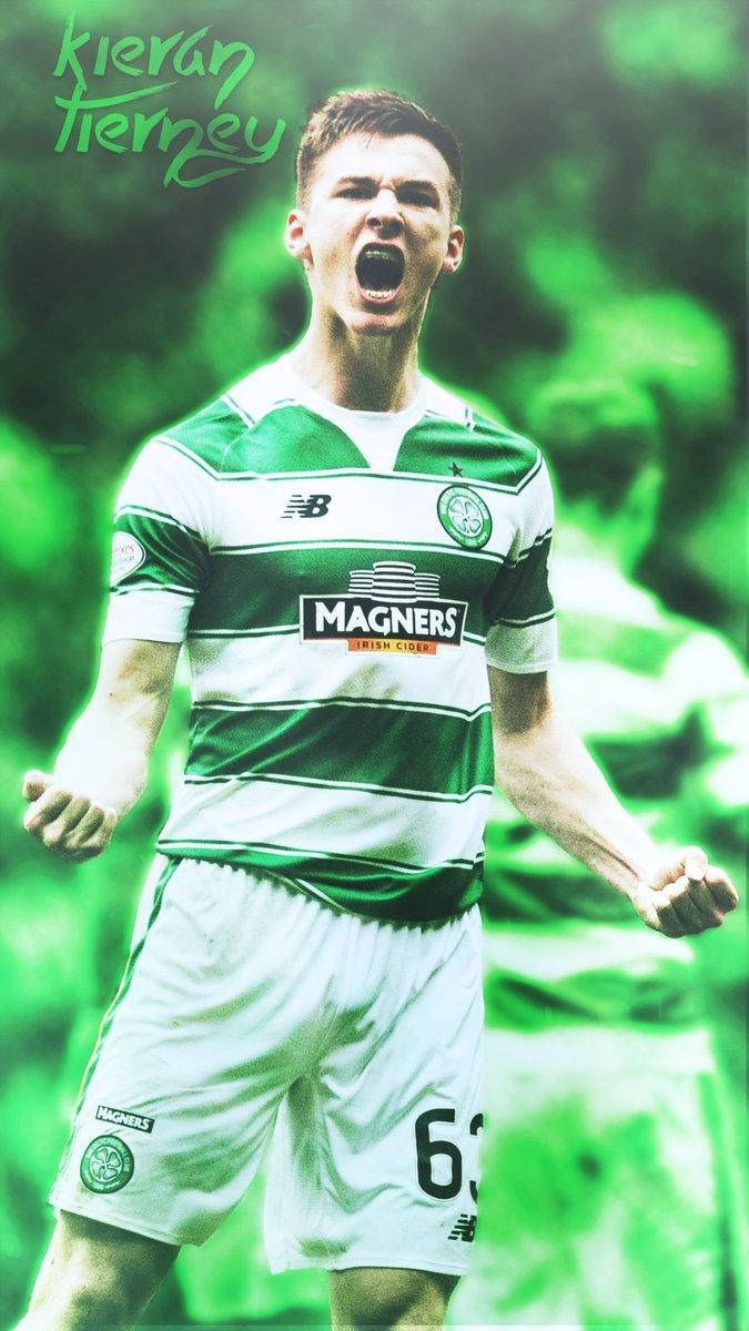Kieran Tierney, green and white striped jersey, vibrant green blurred background, SD Phone Wallpaper