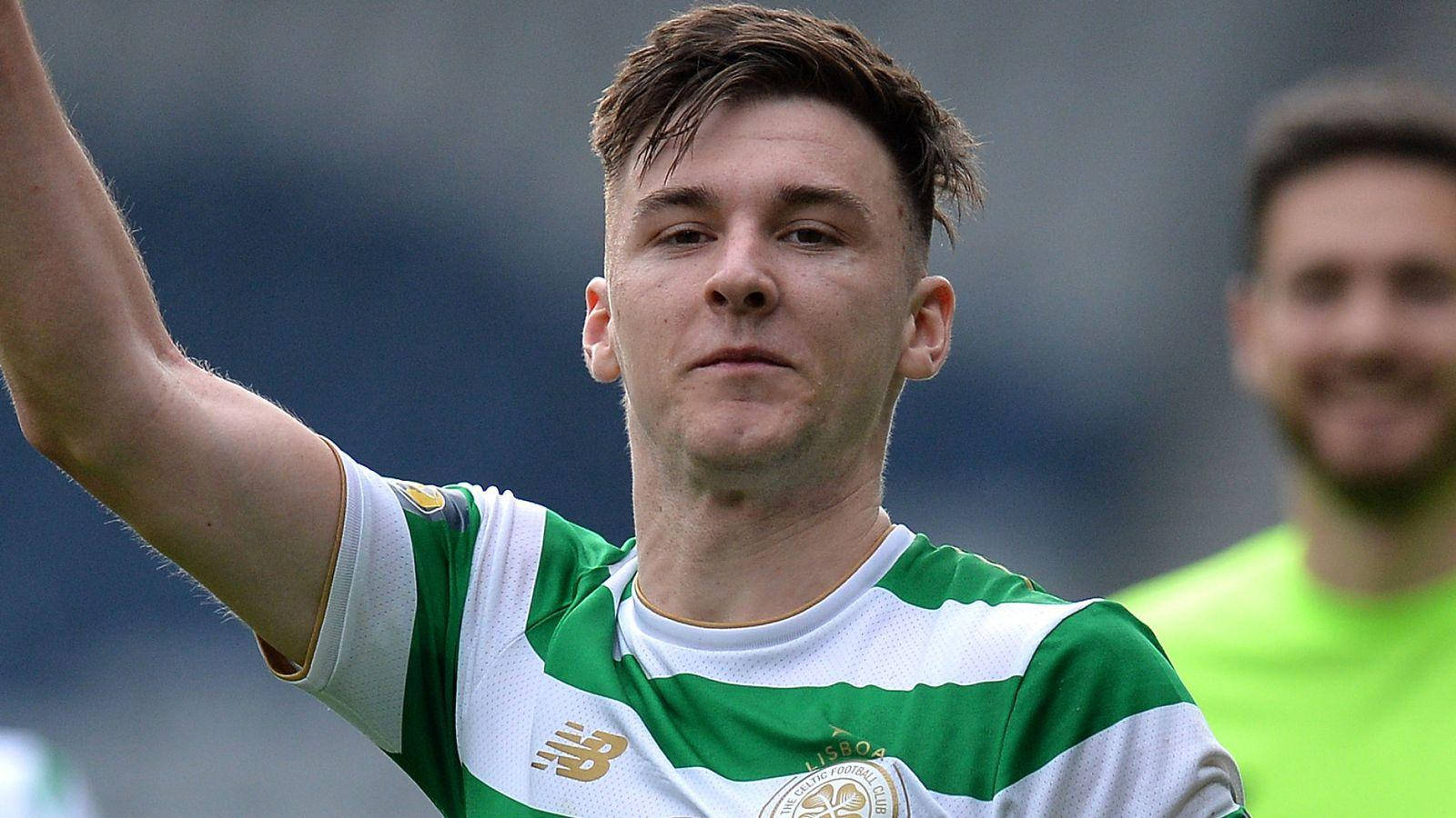 Kieran Tierney, green and white striped jersey, stadium crowd, HD Desktop Wallpaper
