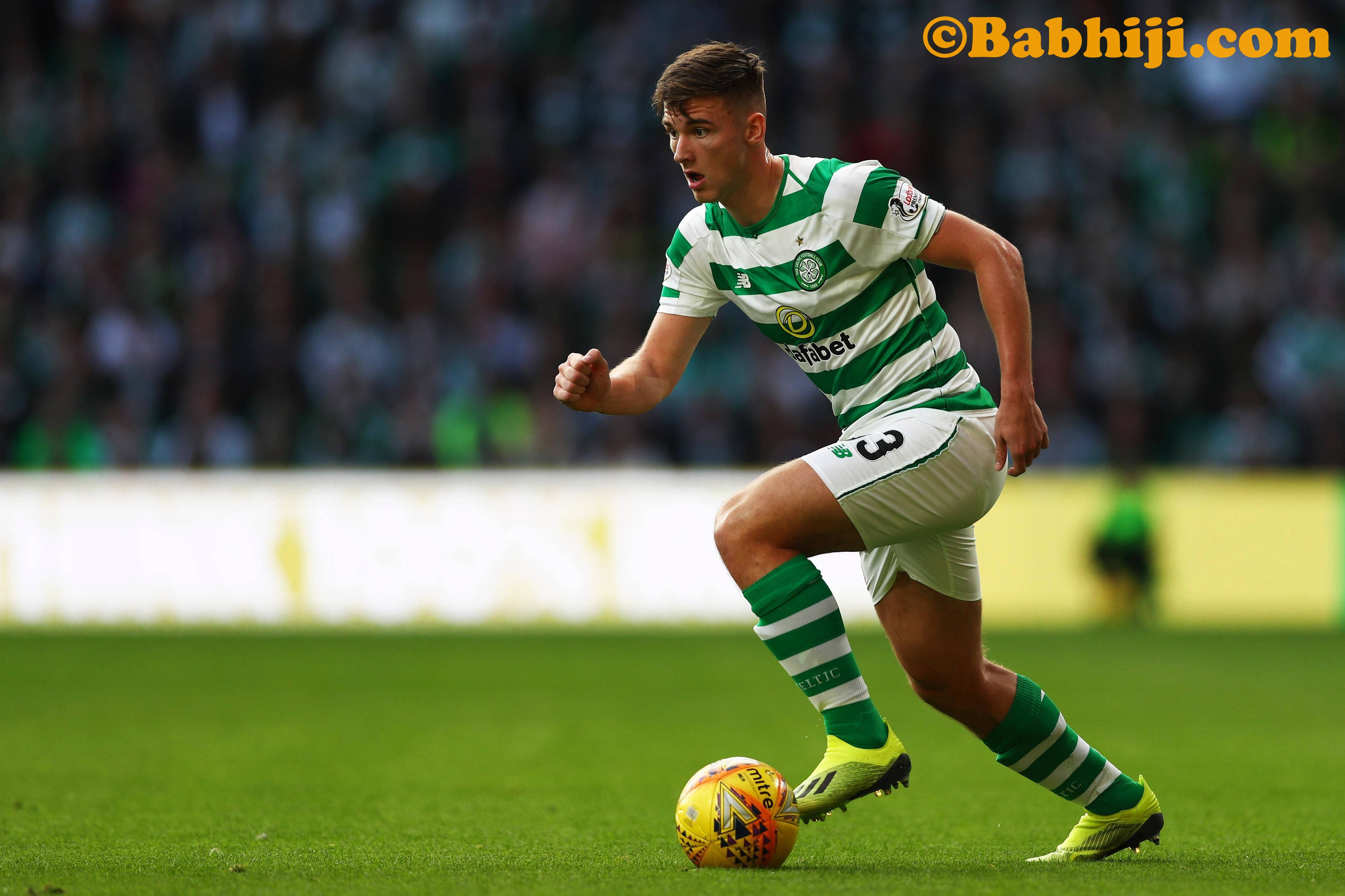 Kieran Tierney, green and white stripes, yellow ball, 4K Desktop Wallpaper