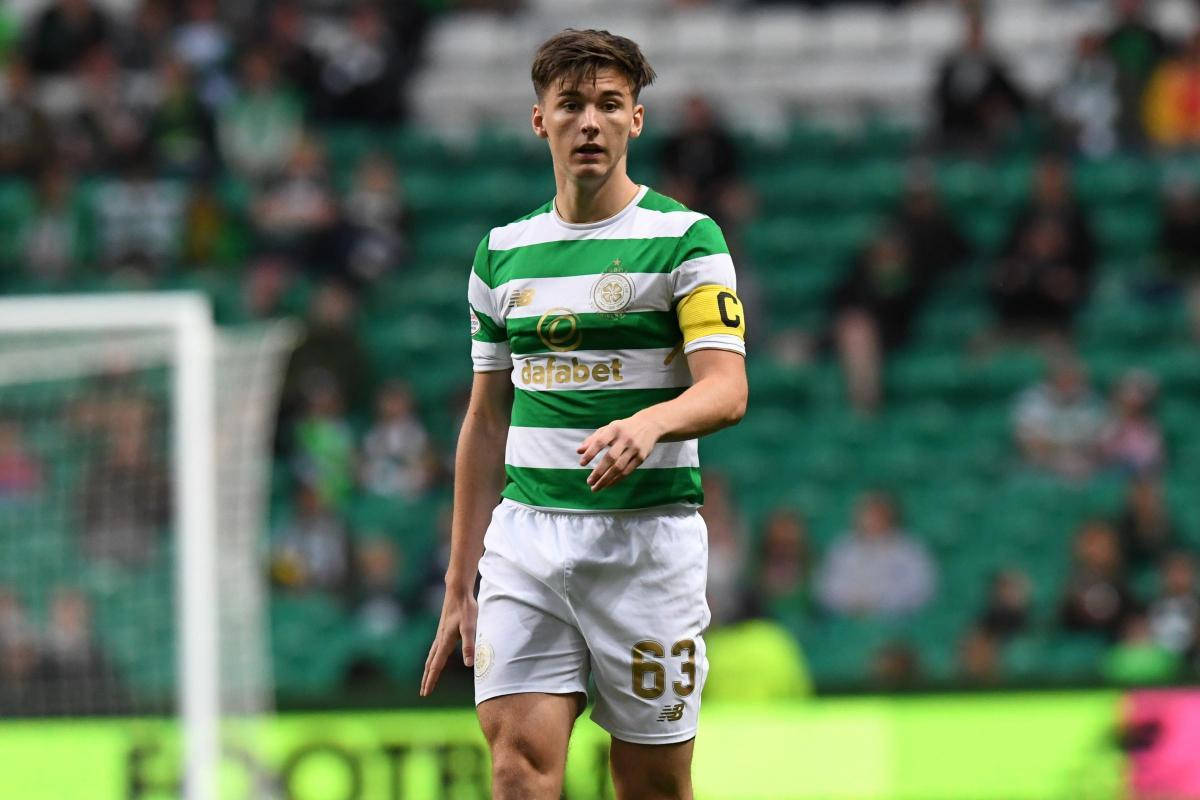 Kieran Tierney, green and white striped jersey, pitch, SD Desktop Wallpaper