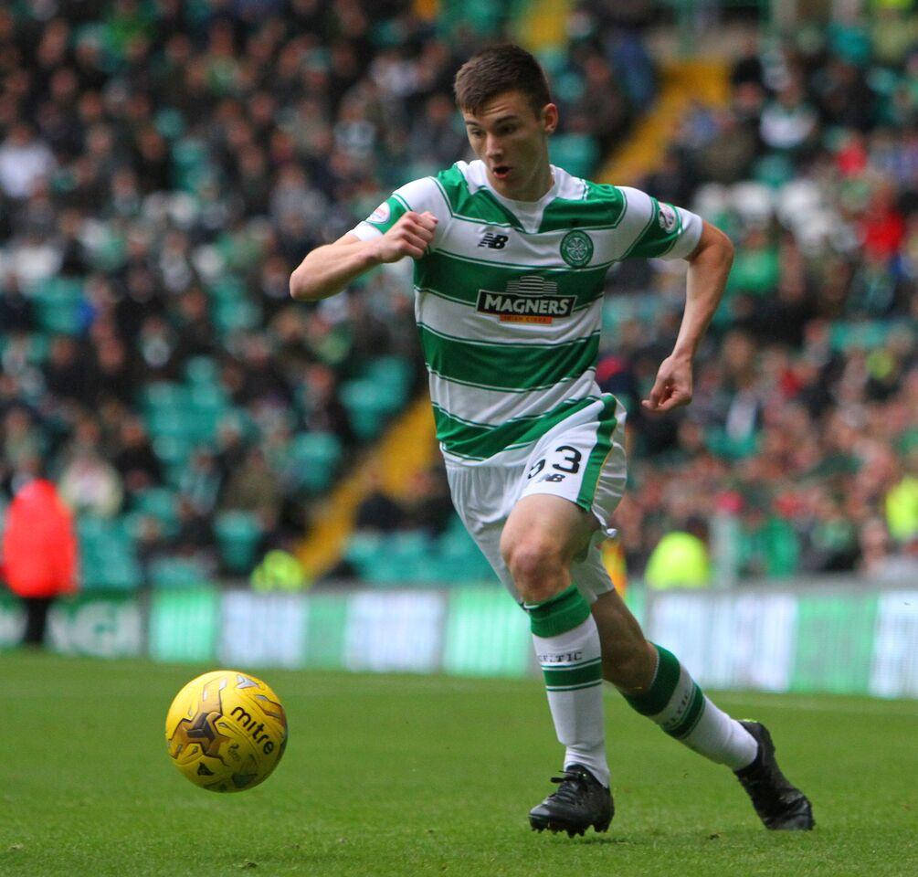 Kieran Tierney, green and white stripes, yellow ball, SD Desktop Wallpaper
