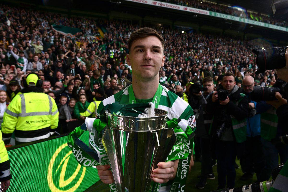 Kieran Tierney, green and white striped jersey, silver trophy, SD Desktop Wallpaper
