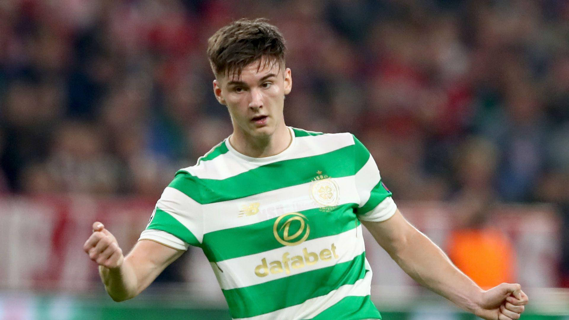 Kieran Tierney, green and white striped jersey, stadium field, Full HD Desktop Wallpaper