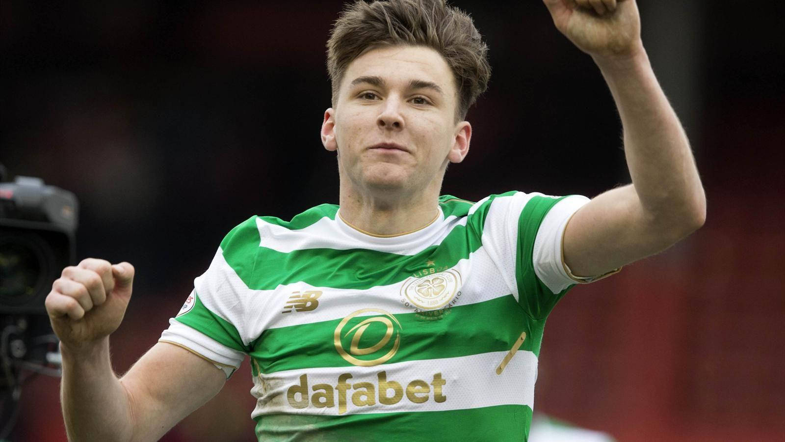 Kieran Tierney, green and white striped jersey, raised fists, HD Desktop Wallpaper