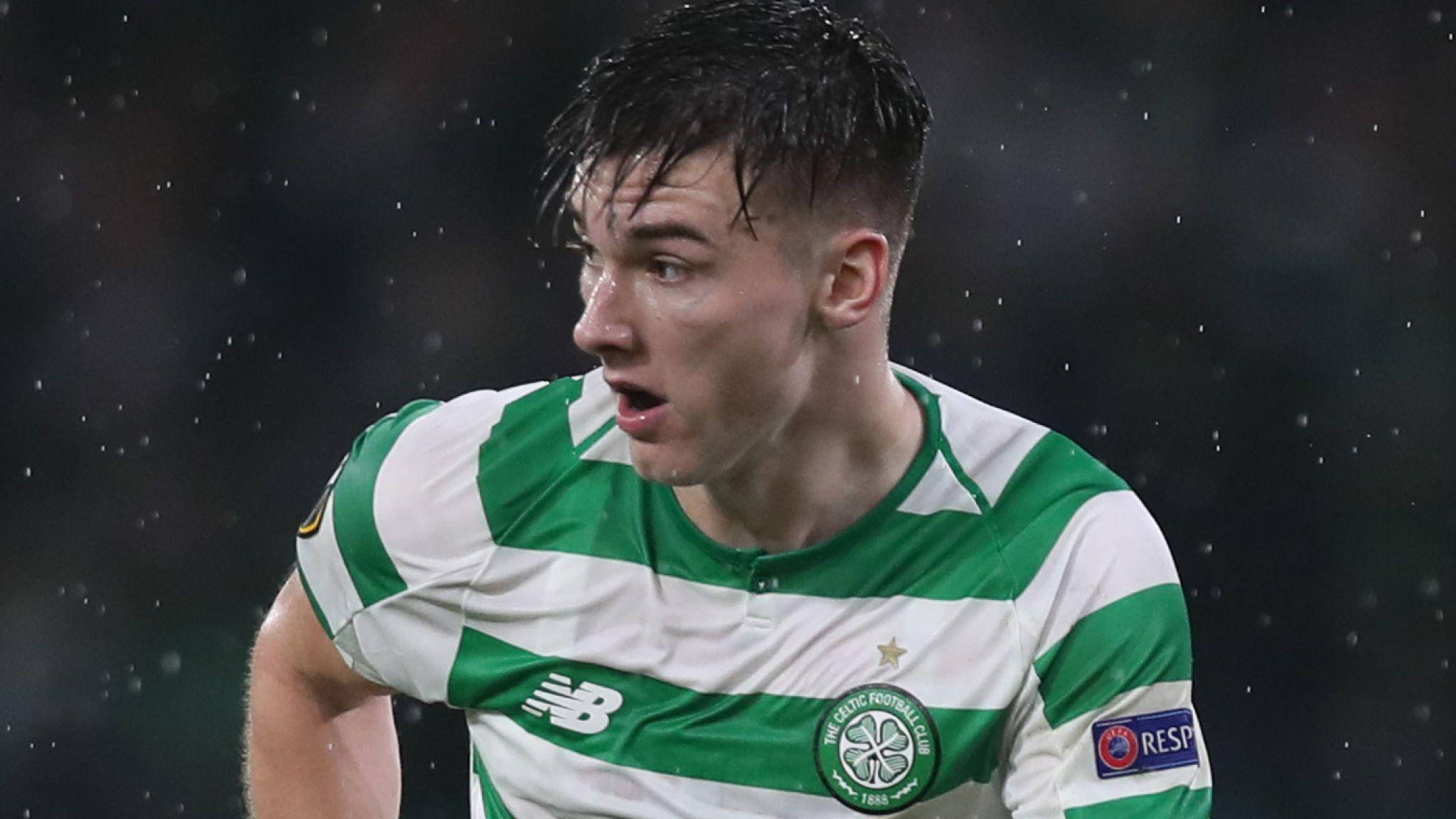 Kieran Tierney, green and white striped jersey, rain, Full HD Desktop Wallpaper