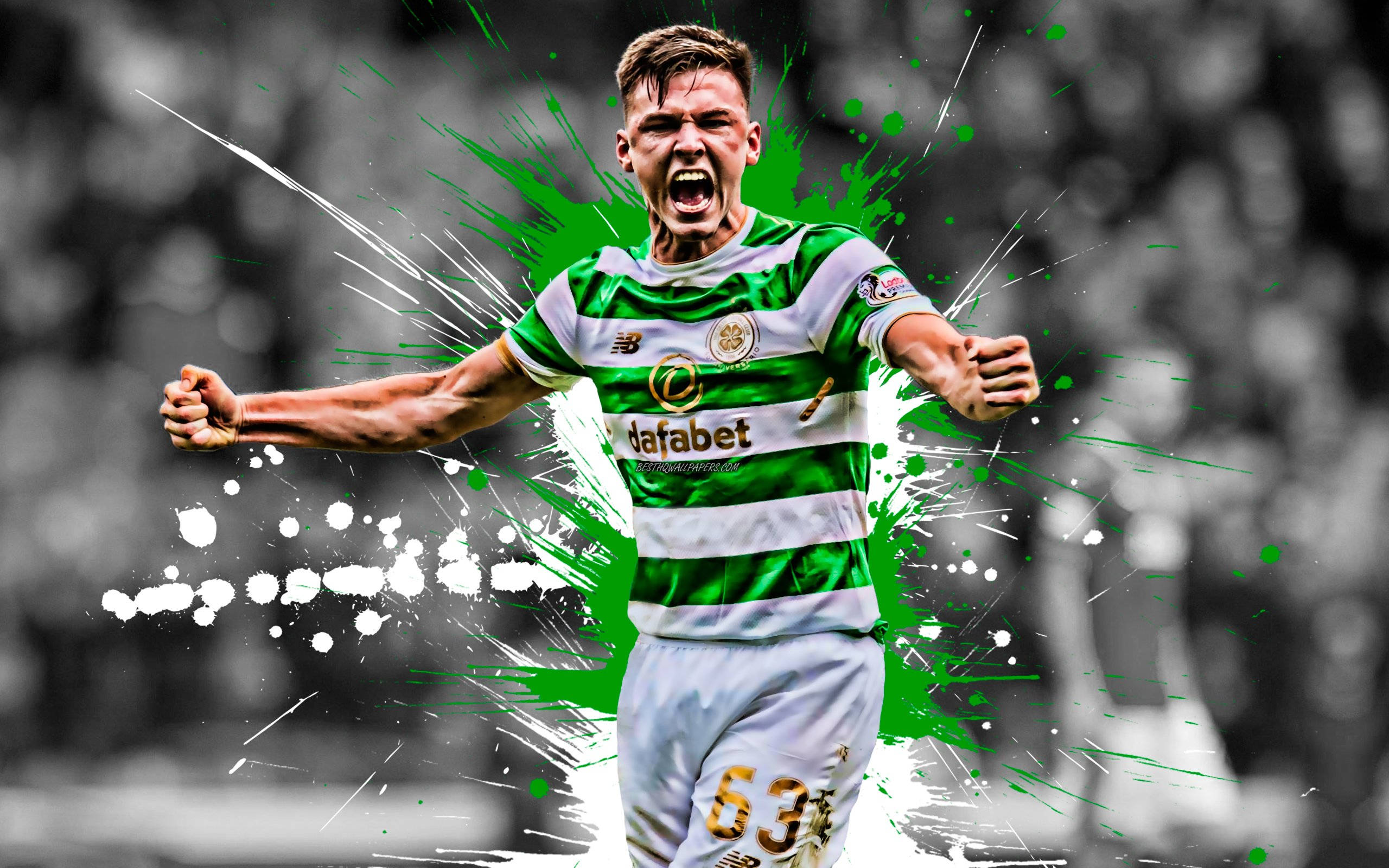 Kieran Tierney, green and white stripes, black and white background, 2K Desktop Wallpaper