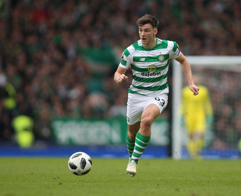 Kieran Tierney, green and white stripes, vibrant grass pitch, SD Desktop Wallpaper