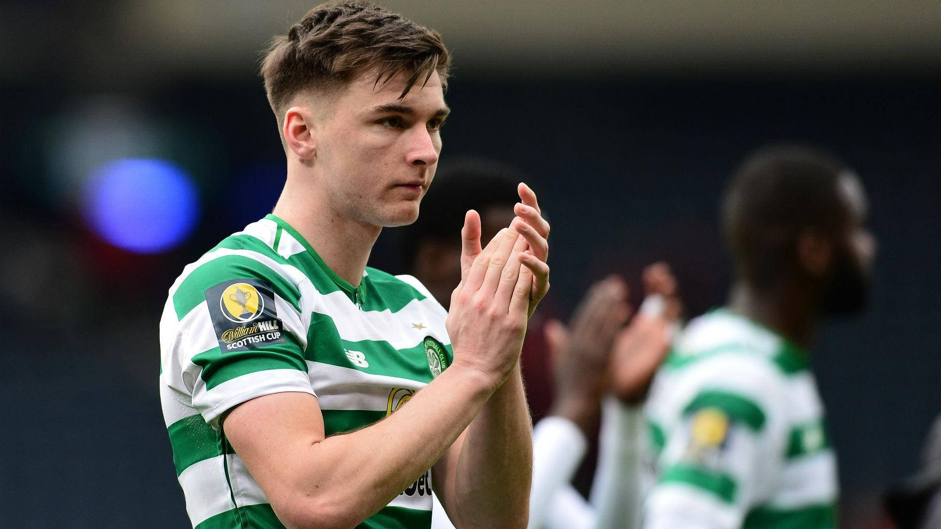 Kieran Tierney, green and white stripes, stadium lights, Full HD Desktop Wallpaper