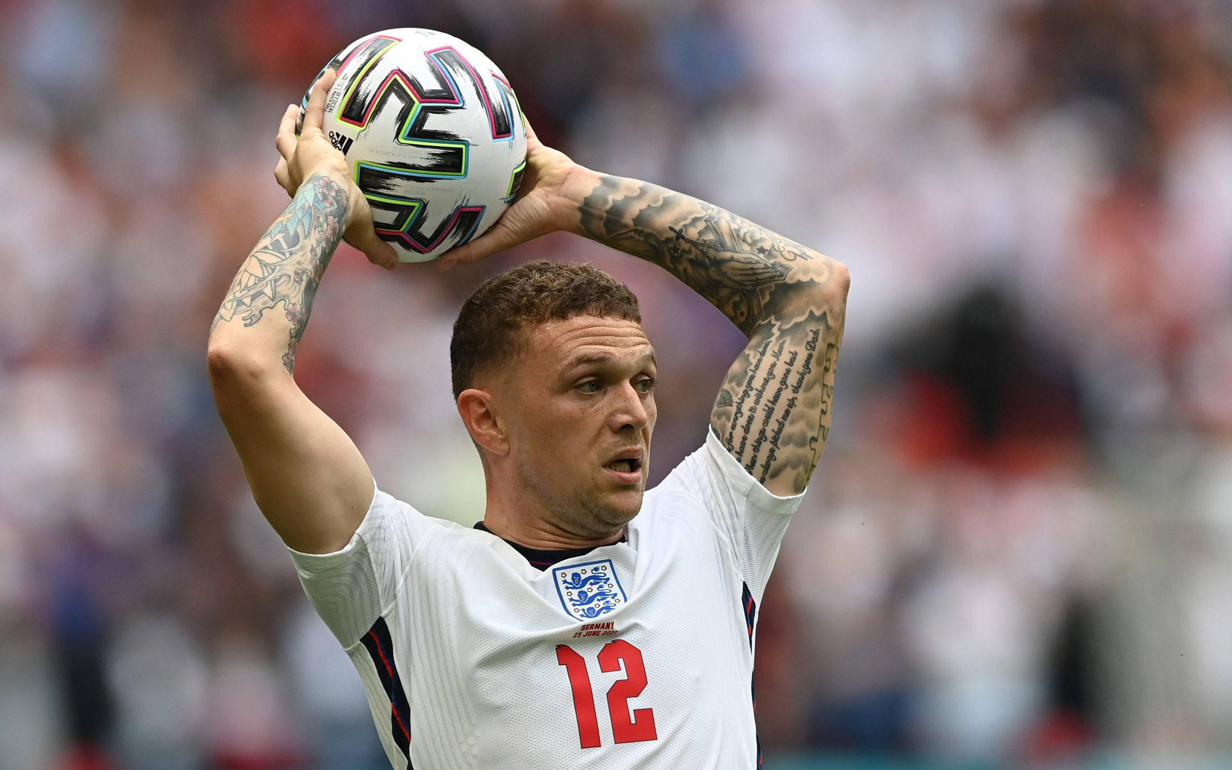 Kieran Trippier, colorful match ball, tattooed arms, Full HD Desktop Wallpaper