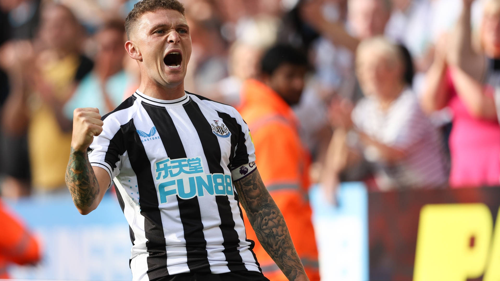 Kieran Trippier, black and white striped jersey, cheering fans, Full HD Desktop Wallpaper