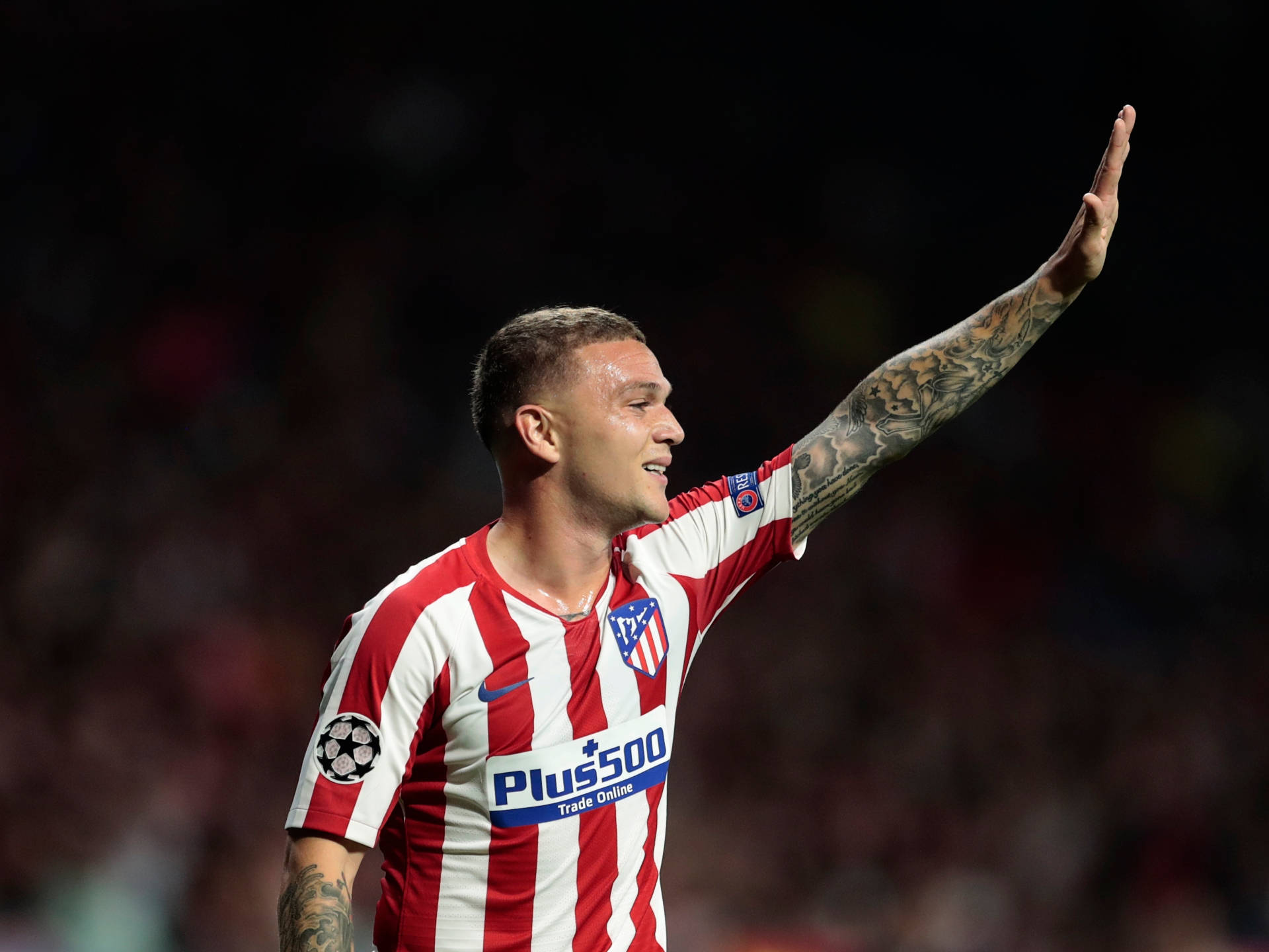 Kieran Trippier, red and white striped jersey, stadium lights, Full HD Desktop Wallpaper
