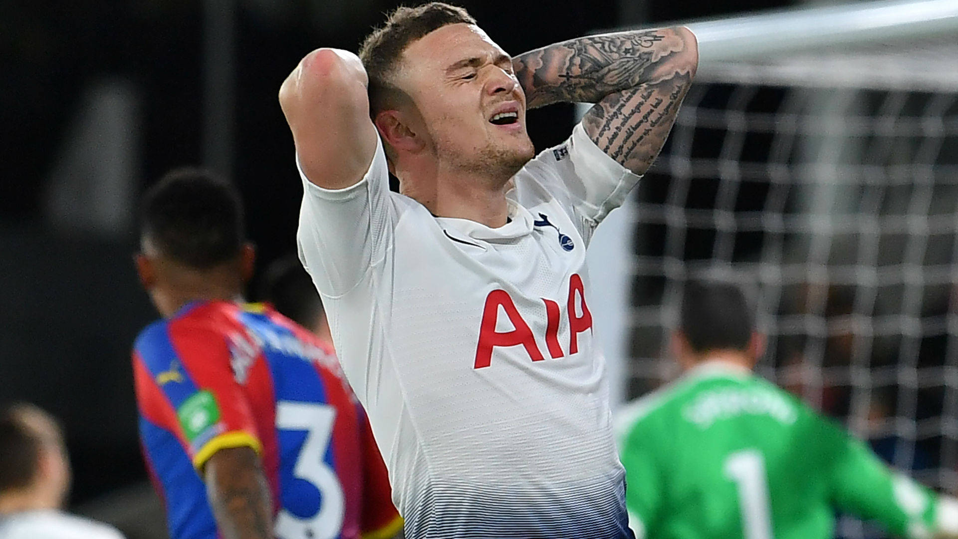 Kieran Trippier, white Tottenham jersey, brightly lit pitch, Full HD Desktop Wallpaper