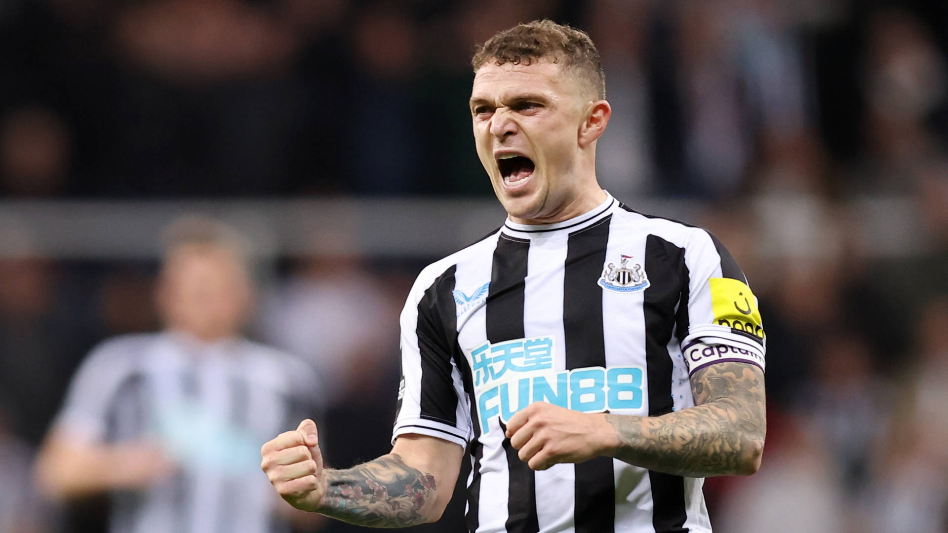 Kieran Trippier, black and white striped jersey, screams triumphantly, Full HD Desktop Wallpaper